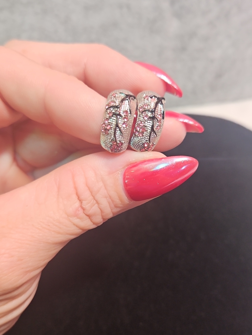 Silver Floral Hoop Earrings with Pink Accents
